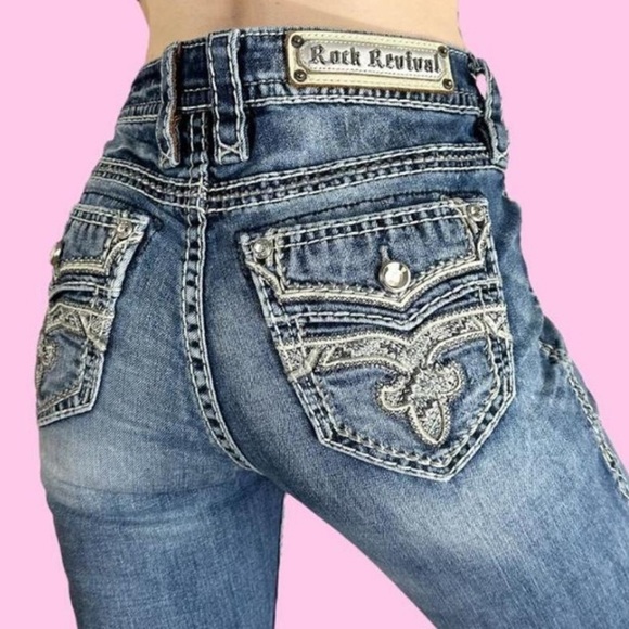 Y2K Rock Revival Essie Rhinestone Embellished Low Rise Flare Leg Jeans Sz 31 - Picture 1 of 12